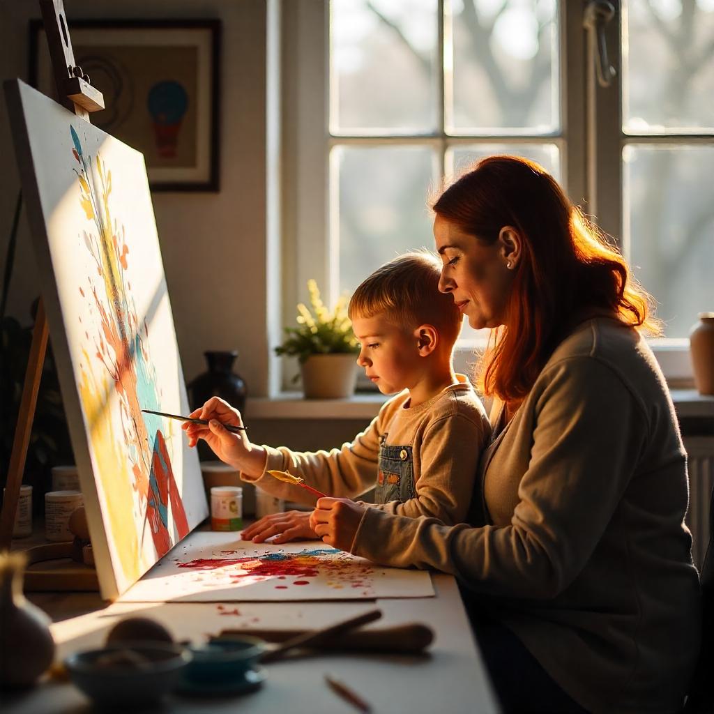 A mother and child painting together by a sunlit window.